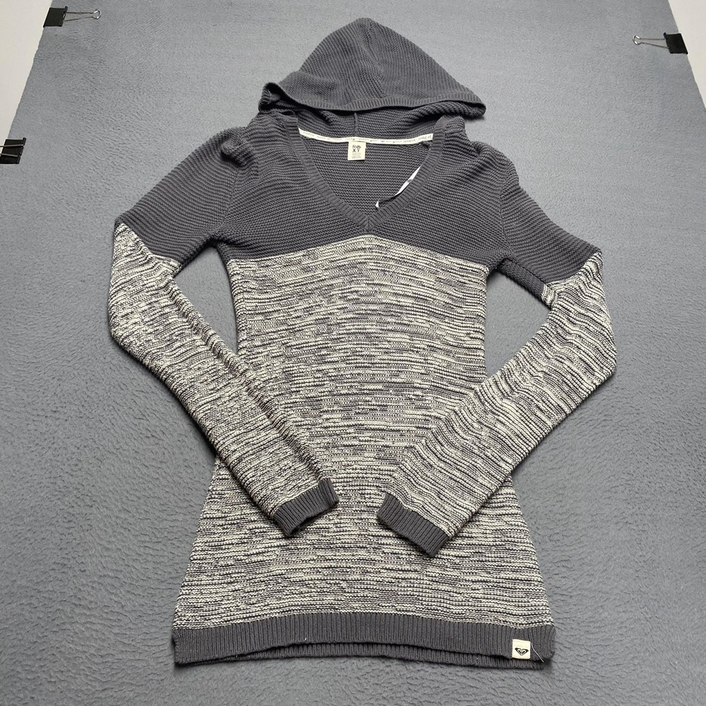 ROXY Sweater Pullover Womens Medium Gray Hooded Waffle-Knit Slim Long Sleeve‎